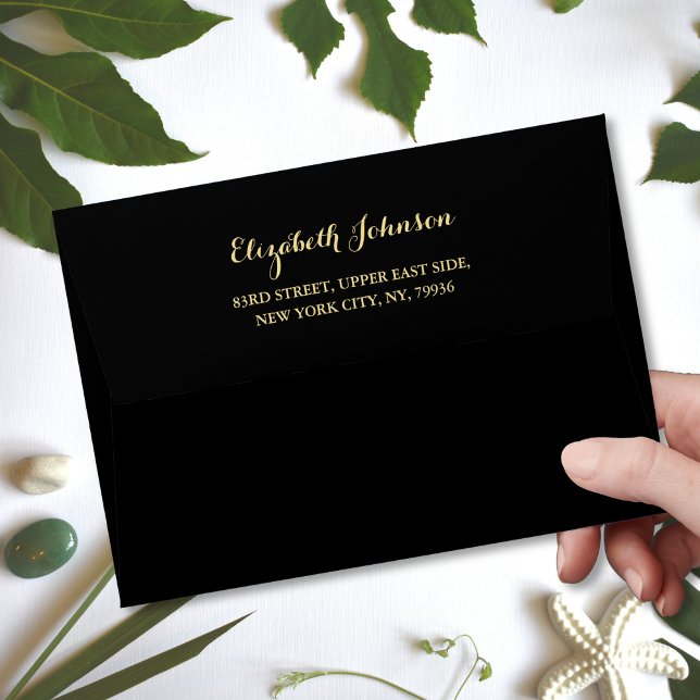 Elegant Black Gold Script Name Return Address 5x7 Envelope (Elegant Black Gold Script Name Return Address 5x7 Envelope)