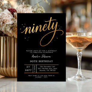 Elegant Black & Gold Script Ninety 90th Birthday Invitation