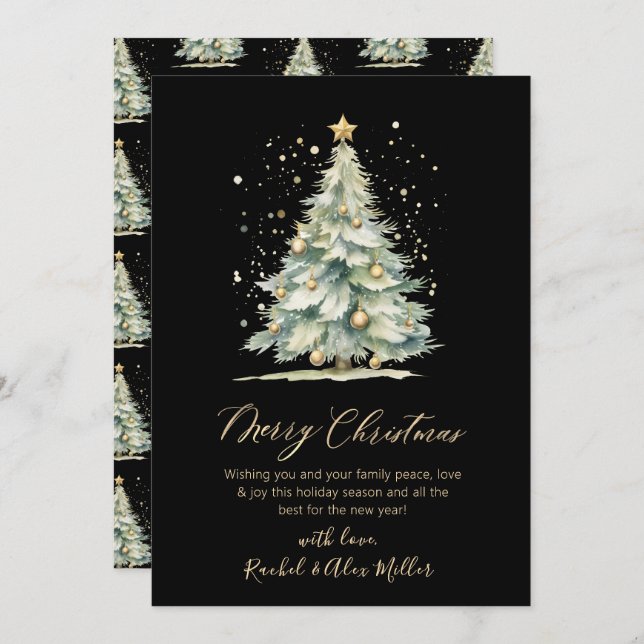 Elegant Black Gold Script Non Photo Christmas Tree Holiday Card (Front/Back)