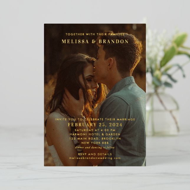 Elegant Black & Gold Script Overlay Photo Wedding (Standing Front)