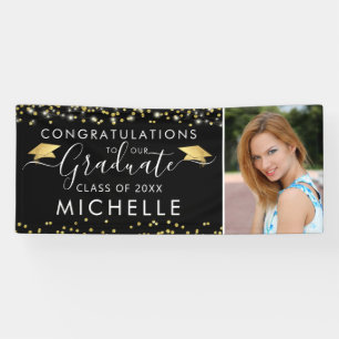 Elegant Black Gold Script Photo Graduation Banner
