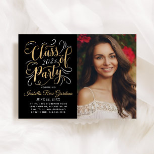 Elegant Black Gold Script Photo Graduation Party Invitation