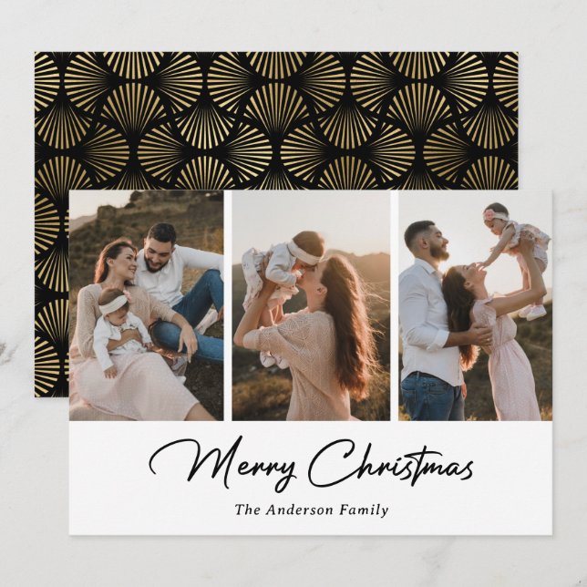 Elegant Black Gold Script Photo Merry Christmas Holiday Card (Front/Back)