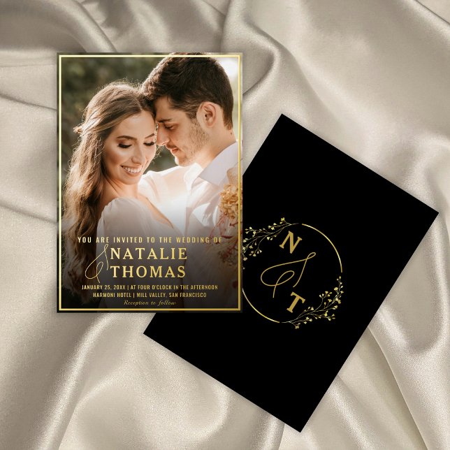 Elegant Black Gold Script Photo Wedding Monogram (Creator Uploaded)
