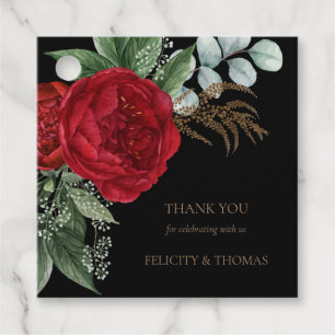 Elegant Black & Gold Script Red Floral Thank You Favour Tags