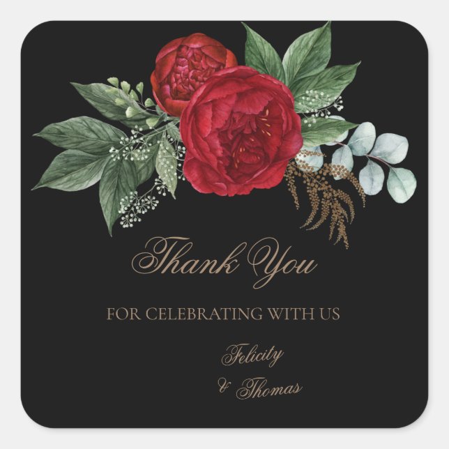Elegant Black & Gold Script Red Floral Thank You Square Sticker (Front)