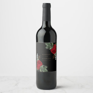 Elegant Black & Gold Script Red Floral Wedding Wine Label