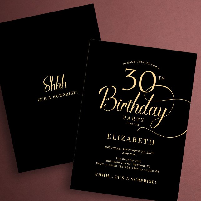 Elegant Black Gold Script Surprise 30th Birthday Invitation (Creator Uploaded)