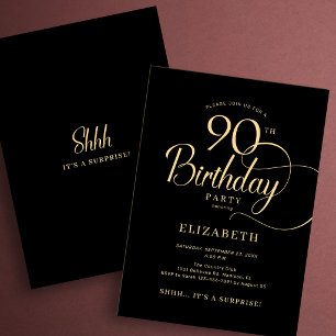 Elegant Black Gold Script Surprise 90th Birthday Invitation