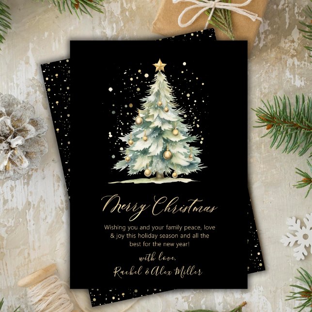Elegant Black Gold Script Tree Non Photo Christmas Holiday Card (Creator Uploaded)