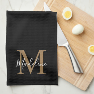 Elegant Black Gold Script Typography Monogram Tea Towel