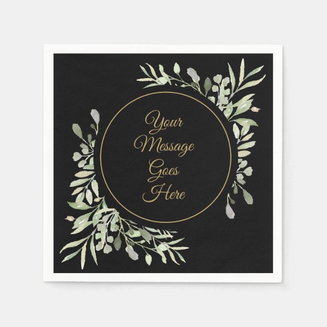 Elegant Black Gold Script Watercolor Greenery Napkin (Front)