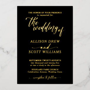 Elegant Black Gold Script Wedding Foil Invitation