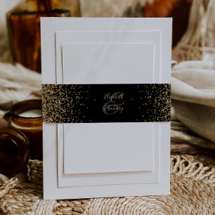 Elegant Black Gold Script Wedding Invitation Belly Band