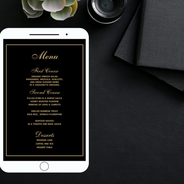 Elegant Black Gold Script Wedding Menu (Creator Uploaded)