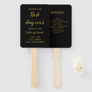 Elegant Black & Gold Script Wedding Program Hand Fan