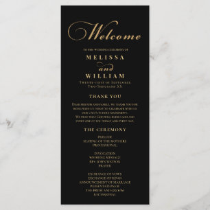 Elegant Black Gold Script Wedding Programme