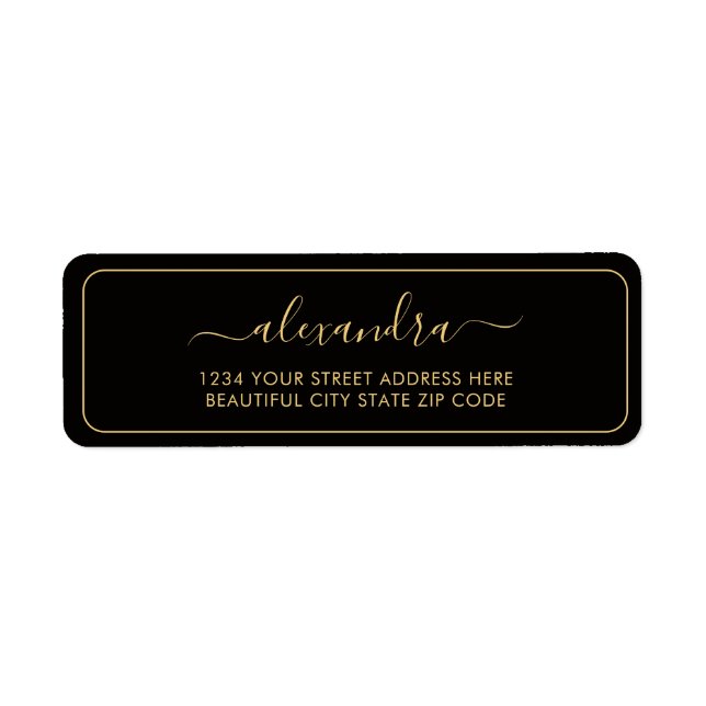 Elegant Black Gold Script Wedding Return Address (Front)
