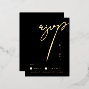 Elegant Black Gold Script Wedding RSVP Foil Invitation Postcard