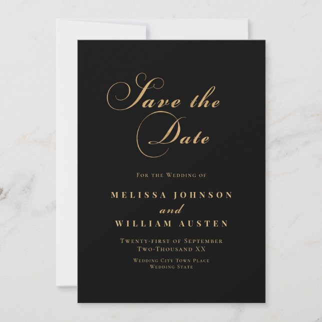 Elegant Black Gold Script Wedding Save The Date (Front)