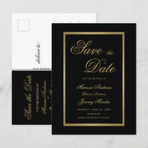 Elegant Black Gold Script Wedding Save the Date Announcement Postcard