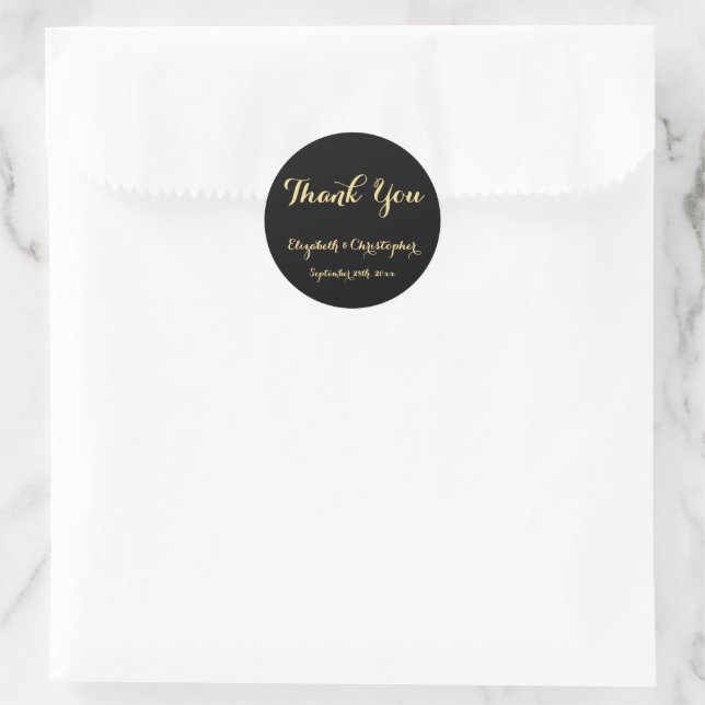Elegant Black Gold Script Wedding Thank You Favour Classic Round Sticker (Bag)