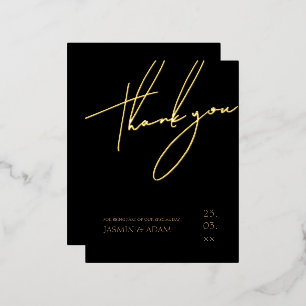 Elegant Black Gold Script Wedding Thank You Foil Invitation Postcard
