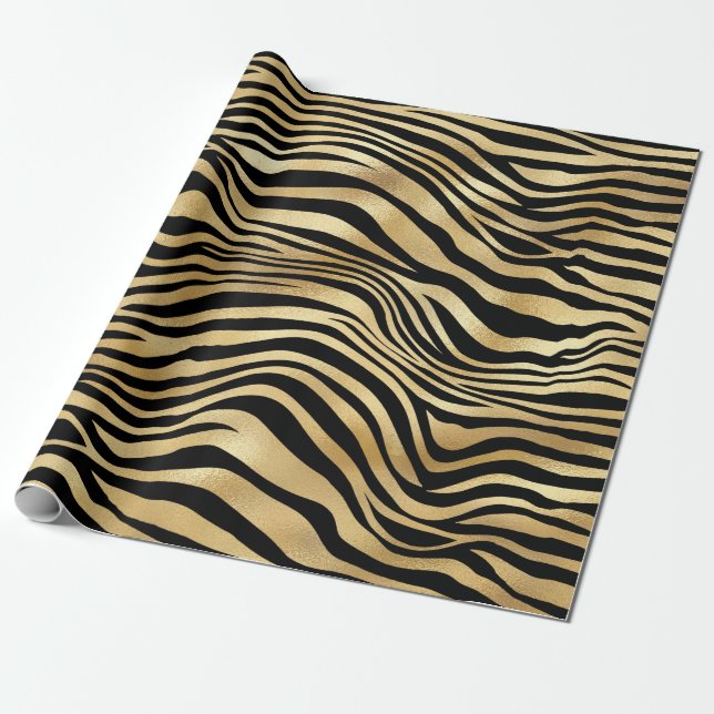 Elegant Black Gold Shimmer Zebra Print Birthday Wrapping Paper (Unrolled)