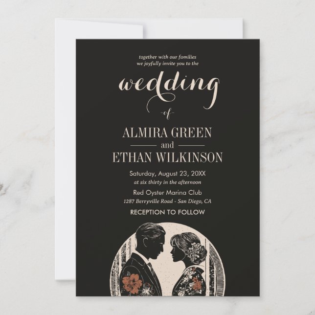 Elegant Black & Gold Silhouette Wedding Invitation (Front)