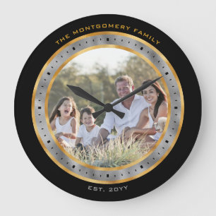 Elegant Black Gold Silver Foil Custom Name Photo Large Clock