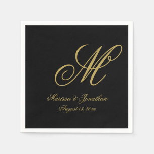 Elegant Black Gold Single Monogram Wedding Napkin