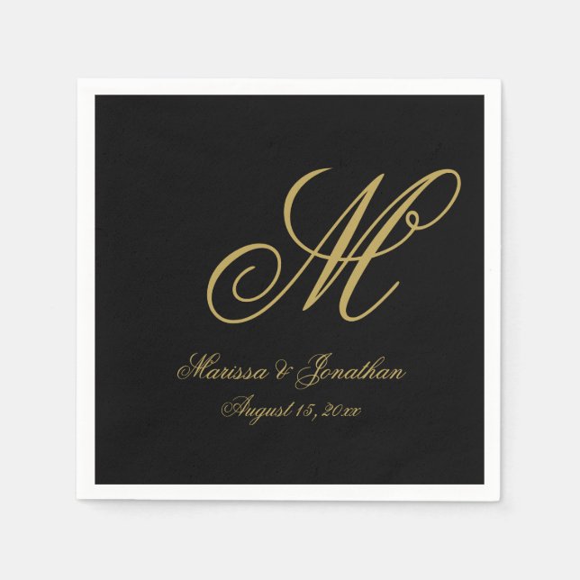 Elegant Black Gold Single Monogram Wedding Napkin (Front)
