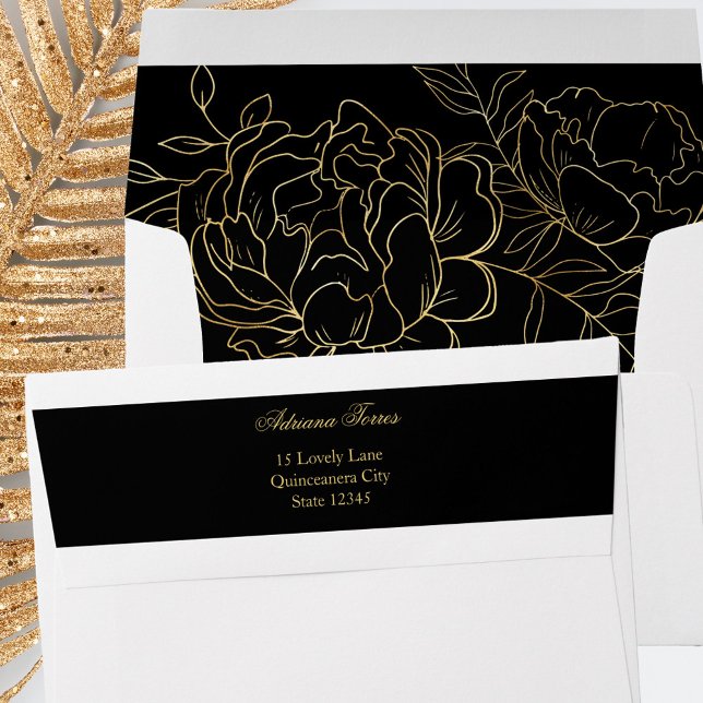 Elegant Black Gold Sketched Floral Return Address Envelope (Elegant black and gold envelope from my Gold Sketched Floral Collection)