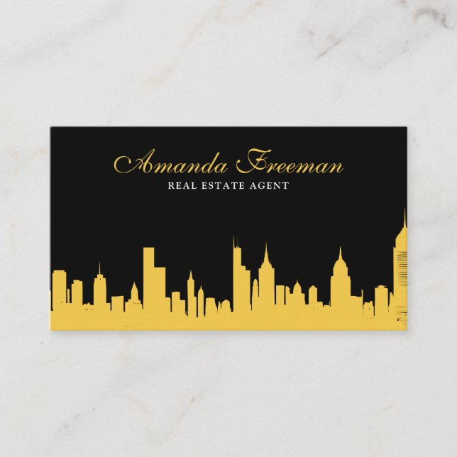 Elegant Black & Gold Skyline Real Estate Agent Business Card (Front)
