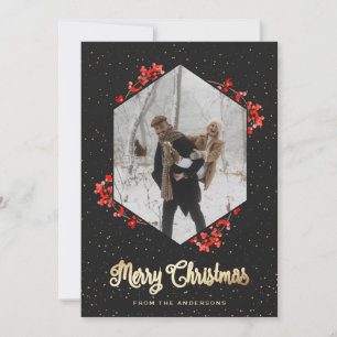 Elegant Black Gold Snow Red Berries Photo Holiday Card