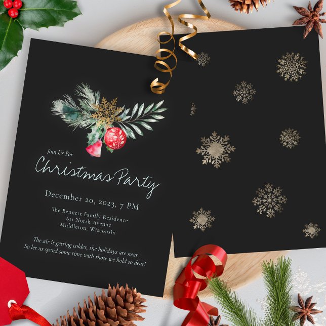 Elegant Black Gold Snowflake Christmas Party Invitation (Creator Uploaded)