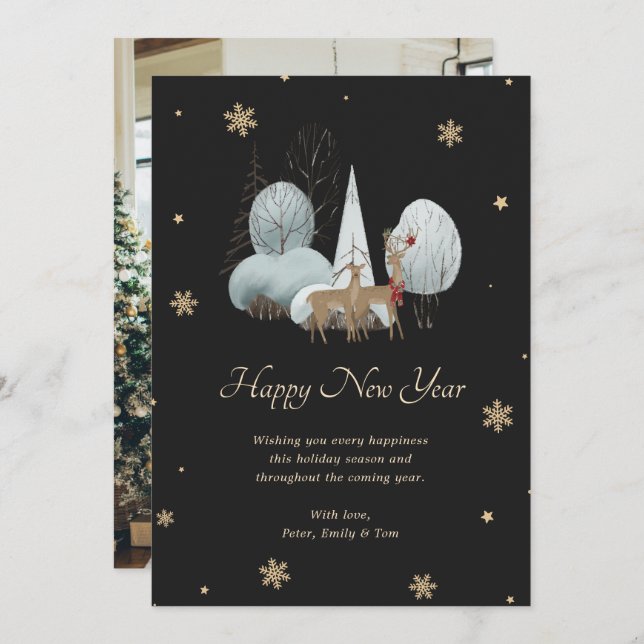 Elegant Black Gold Snowflake Reindeer New Year Holiday Card (Front/Back)