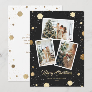 Elegant Black Gold Snowflakes 3 Photo Christmas Holiday Card