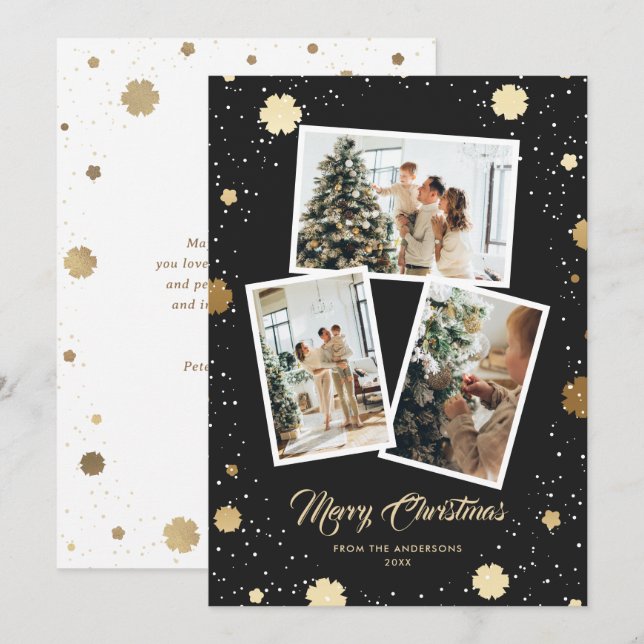 Elegant Black Gold Snowflakes 3 Photo Christmas Holiday Card (Front/Back)