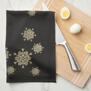 Elegant Black & Gold Snowflakes Christmas Tea Towel