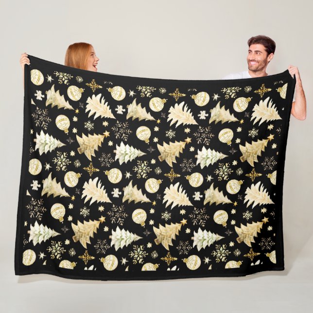 Elegant Black Gold Snowflakes Christmas Tree Balls Fleece Blanket (In Situ)