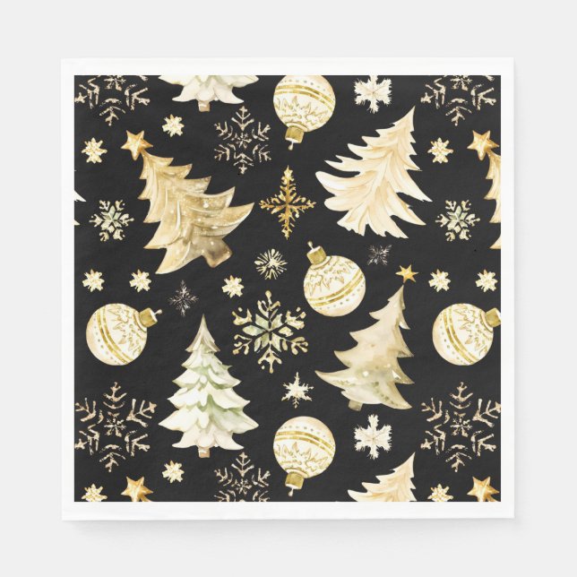 Elegant Black Gold Snowflakes Christmas Tree Balls Napkin (Front)