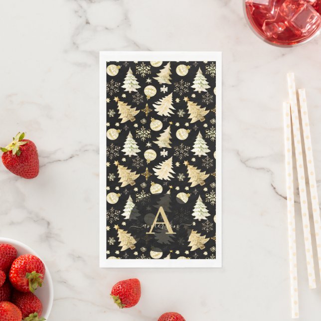 Elegant Black Gold Snowflakes Christmas Tree Balls Napkin (Insitu)