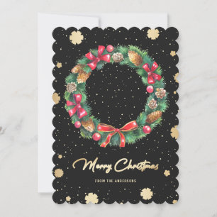 Elegant Black Gold Snowflakes Wreath Photo Holiday Card