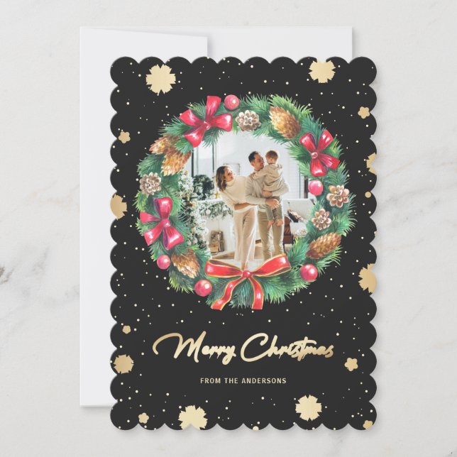 Elegant Black Gold Snowflakes Wreath Photo Holiday Card (Front)