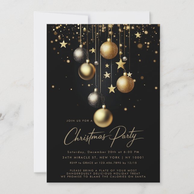 Elegant Black Gold Sparkle Bauble Christmas Party Invitation (Front)