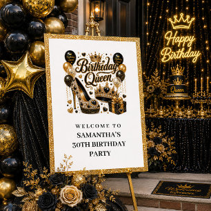 Elegant Black Gold Sparkle Birthday Queen Welcome Poster