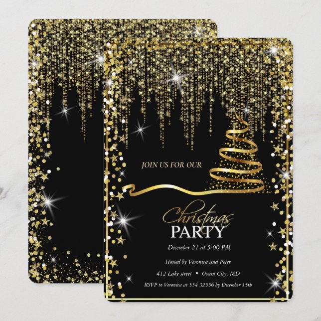 Elegant Black -Gold Sparkle Christmas Tree Invitation (Front/Back)