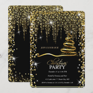 Elegant Black -Gold Sparkle Christmas Tree Invitation