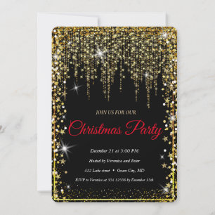 Elegant Black -Gold Sparkle Christmas Tree Invitation